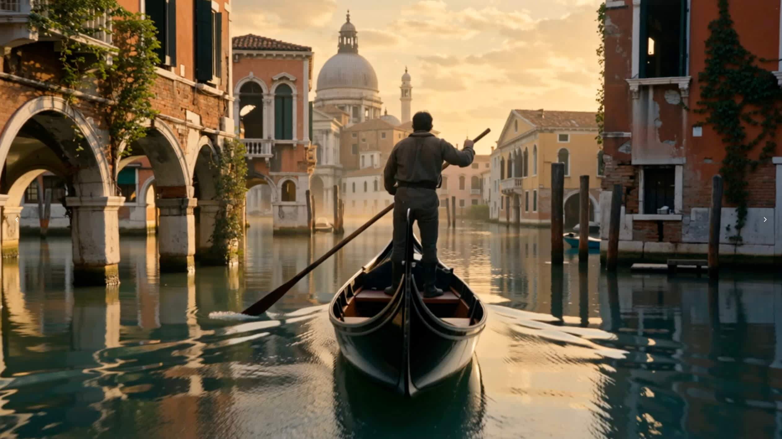 Golden hour, soft lighting, warm colors, saturated colors, wide shot, left-heavy composition. A weathered gondolier stands in a flat-bottomed boat, propelling it forward with a long wooden pole through the flooded ruins of Venice. The decaying buildings on either side are cloaked in creeping vines and marked by rusted metalwork, their once-proud facades now crumbling into the water. The camera moves slowly forward and tilts left, revealing behind him the majestic remnants of the city bathed in the amber glow of the setting sun. Silhouettes of collapsed archways and broken domes rise against the golden skyline, while the still water reflects the warm hues of the sky and surrounding structures.